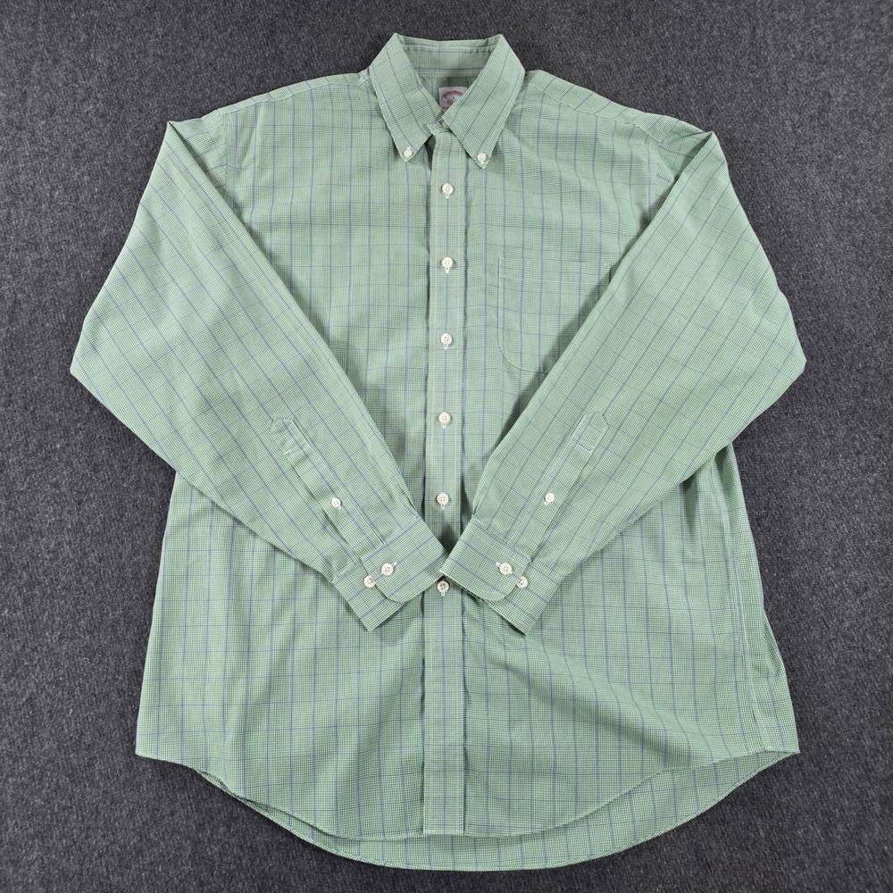 Brooks Brothers Mens Traditional Fit Button Down Shirt Green Blue Plaid Size L‎